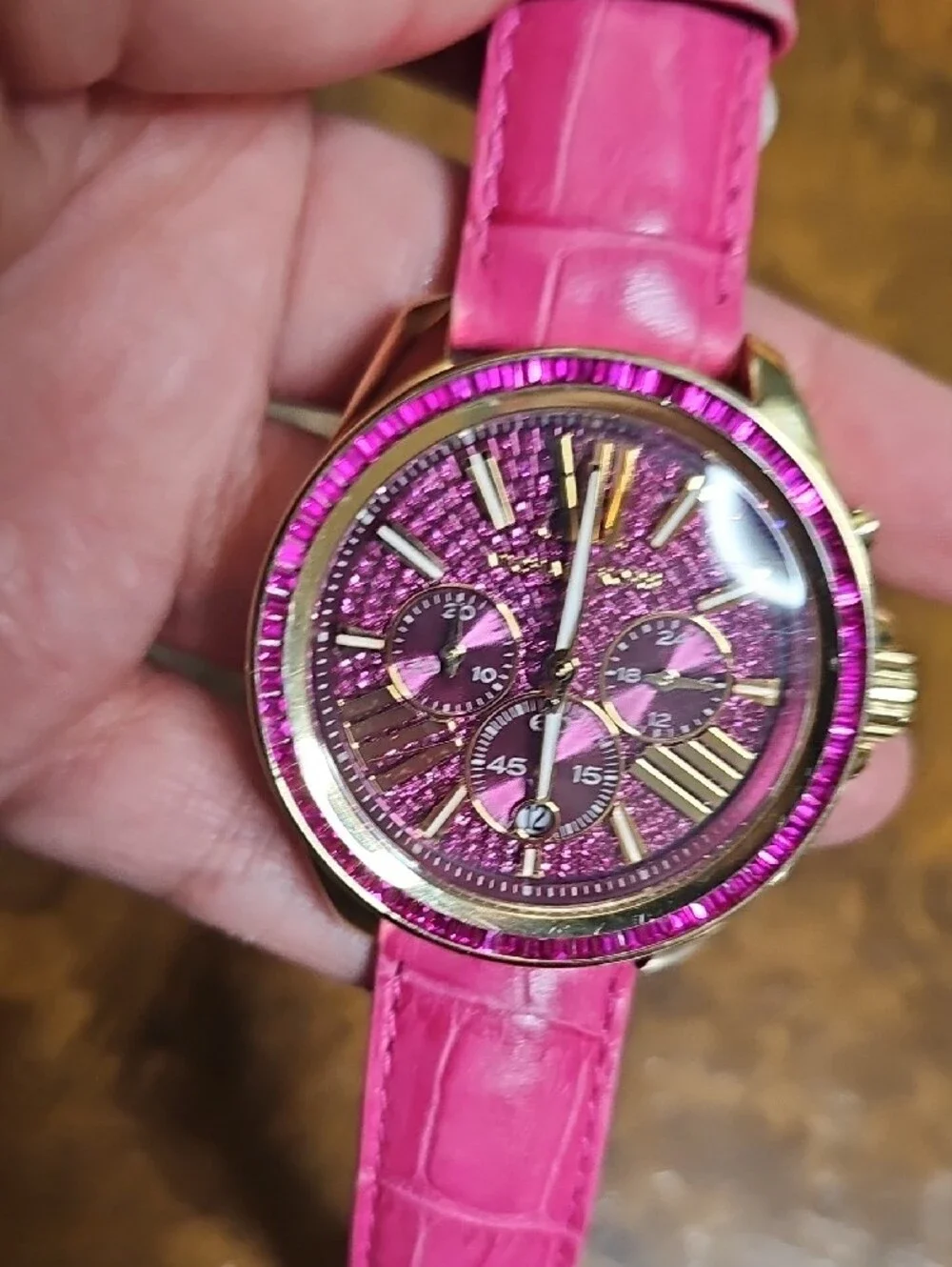 Michael Kors Hot Pink Glitter Chronograph Watch with Gold Accents